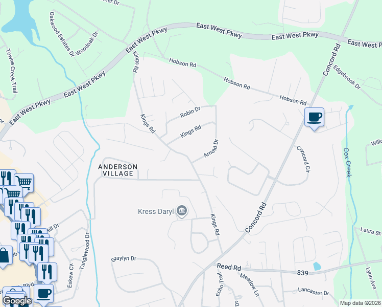 map of restaurants, bars, coffee shops, grocery stores, and more near 503 Kings Road in Anderson