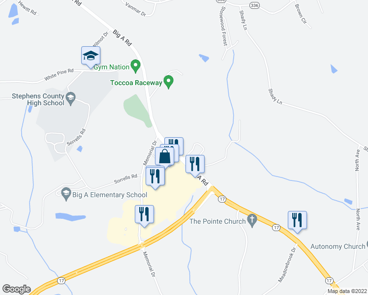map of restaurants, bars, coffee shops, grocery stores, and more near 3877 Georgia 17 in Eastanollee