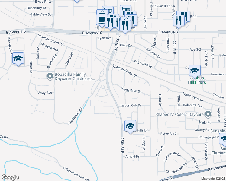 map of restaurants, bars, coffee shops, grocery stores, and more near 36847 Desert Willow Drive in Palmdale