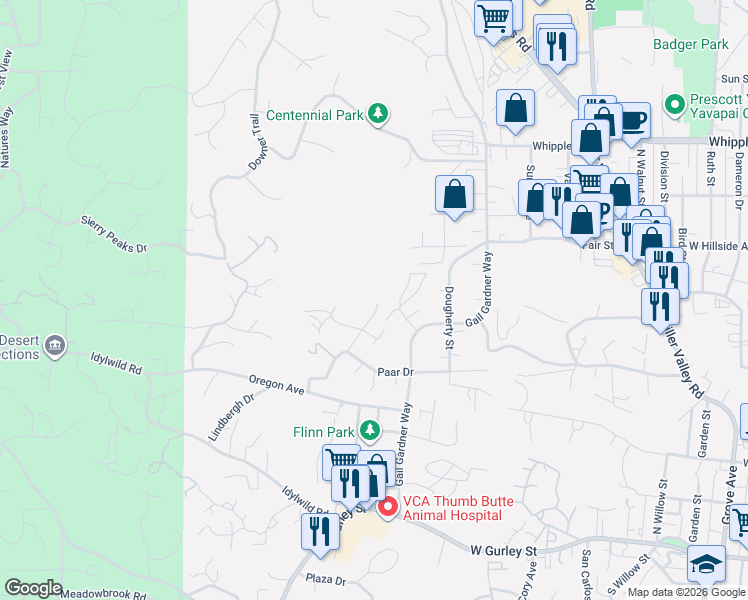 map of restaurants, bars, coffee shops, grocery stores, and more near 610 Keen Street in Prescott