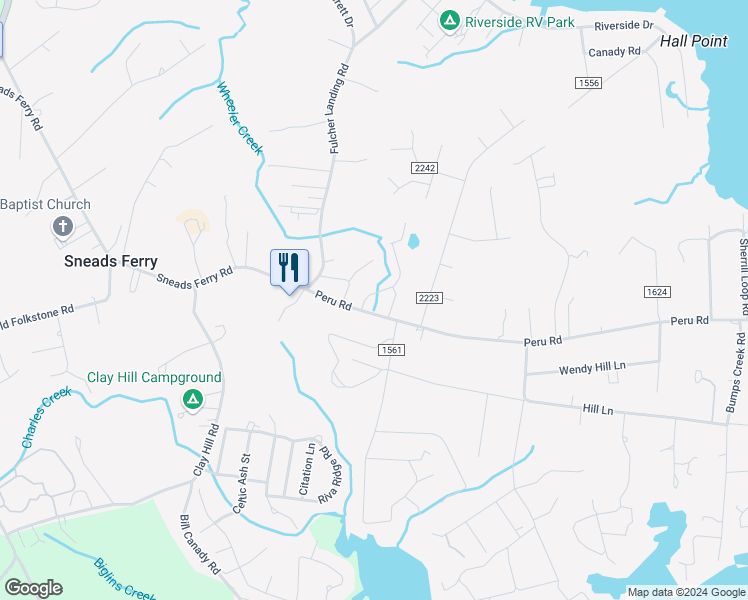 map of restaurants, bars, coffee shops, grocery stores, and more near 505 Justice Farm Drive in Sneads Ferry