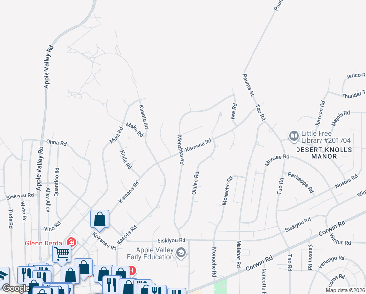 map of restaurants, bars, coffee shops, grocery stores, and more near 16501 Menahka Road in Apple Valley
