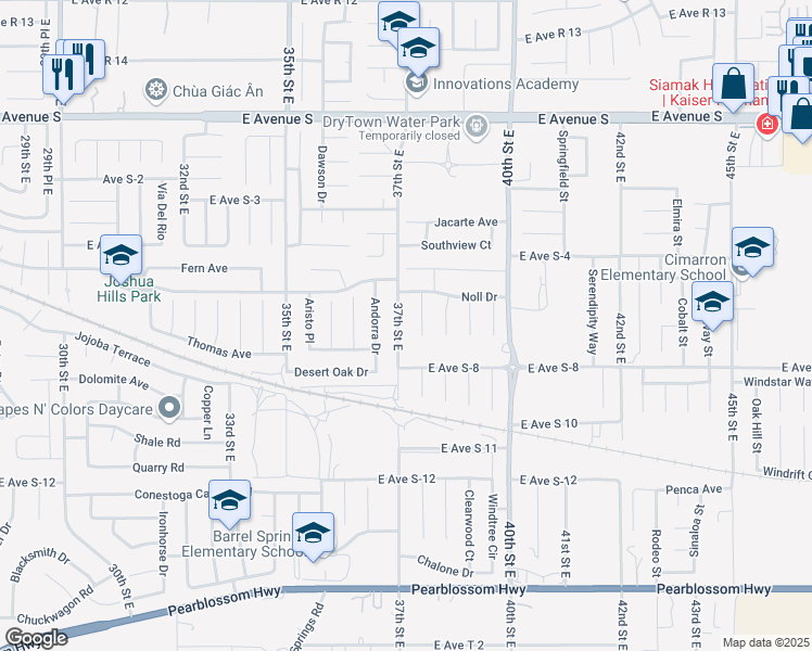 map of restaurants, bars, coffee shops, grocery stores, and more near 36850 37th Street East in Palmdale