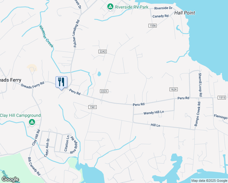 map of restaurants, bars, coffee shops, grocery stores, and more near 209 Bluebird Court in Sneads Ferry