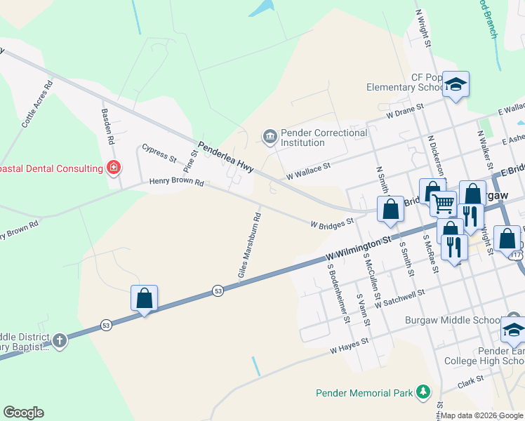 map of restaurants, bars, coffee shops, grocery stores, and more near 308 Giles Marshburn Road in Burgaw