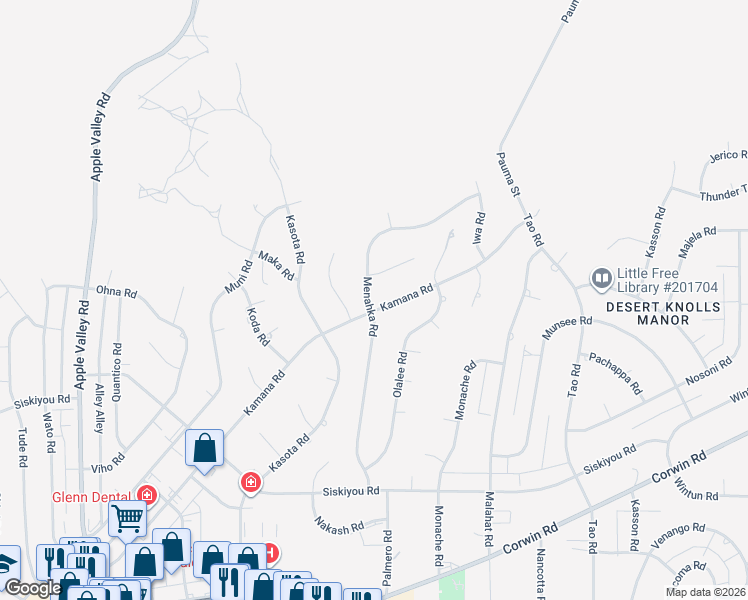 map of restaurants, bars, coffee shops, grocery stores, and more near 16501 Menahka Road in Apple Valley