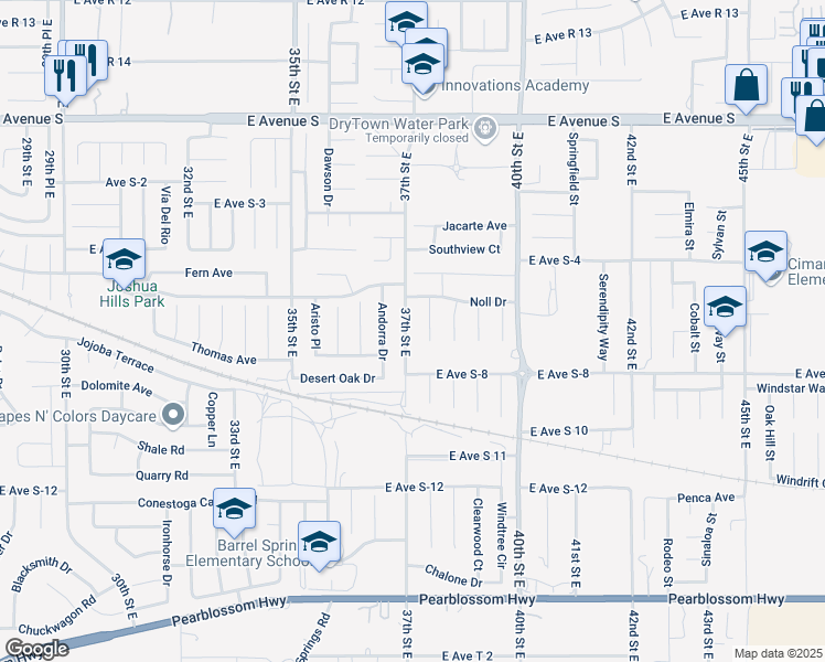 map of restaurants, bars, coffee shops, grocery stores, and more near 36850 37th Street East in Palmdale
