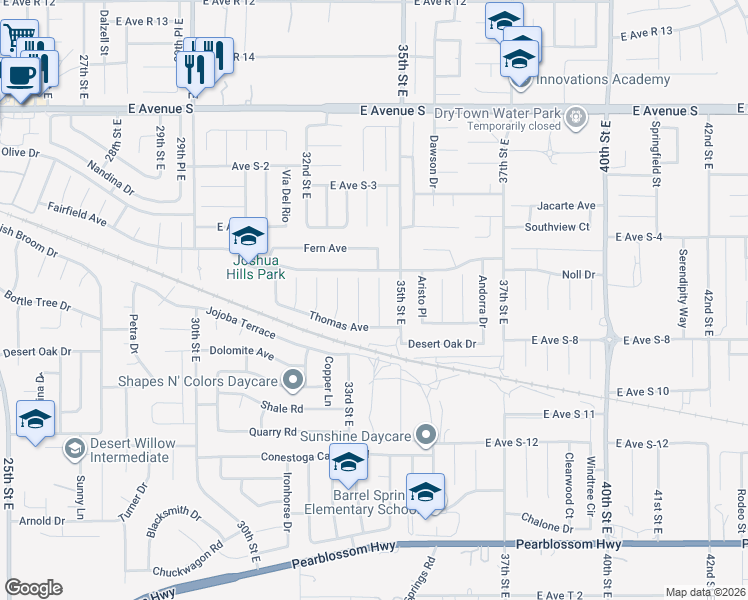 map of restaurants, bars, coffee shops, grocery stores, and more near 36851 Justin Court in Palmdale