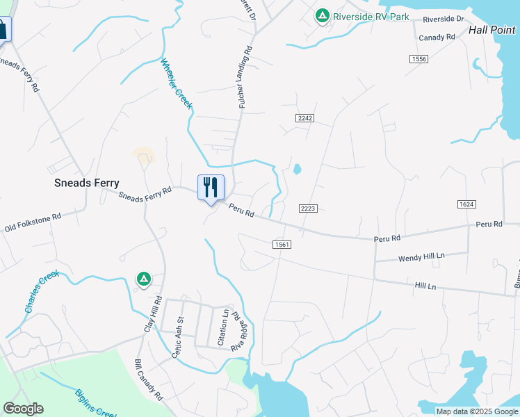 map of restaurants, bars, coffee shops, grocery stores, and more near 101 Justice Farm Drive in Sneads Ferry