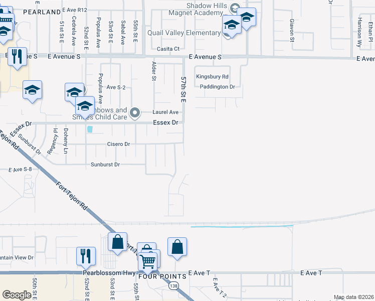 map of restaurants, bars, coffee shops, grocery stores, and more near 36820 57th Street East in Palmdale