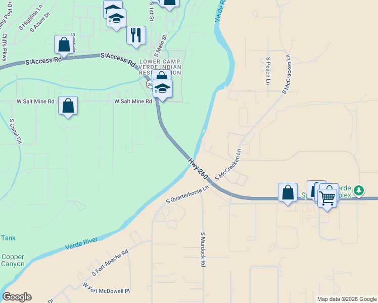 map of restaurants, bars, coffee shops, grocery stores, and more near 158 Camp Verde-Payson Highway in Camp Verde