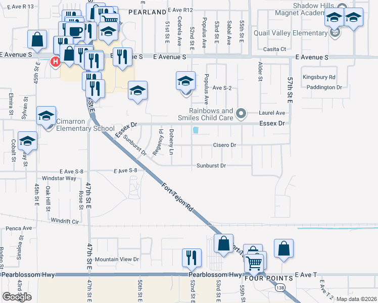 map of restaurants, bars, coffee shops, grocery stores, and more near 36837 Hillcrest Drive in Palmdale