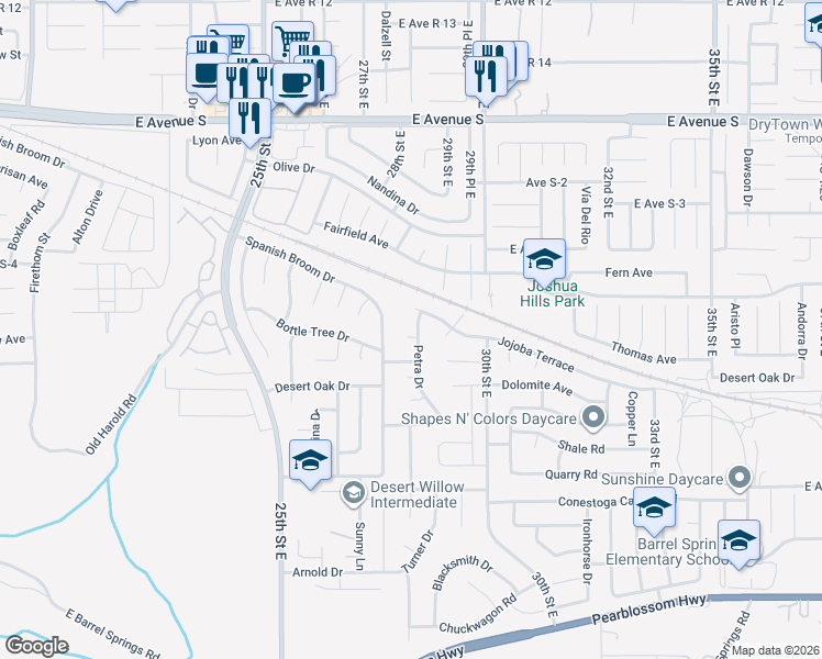 map of restaurants, bars, coffee shops, grocery stores, and more near 2733 Coria Place in Palmdale