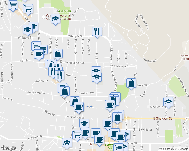 map of restaurants, bars, coffee shops, grocery stores, and more near 569 Campbell Street in Prescott