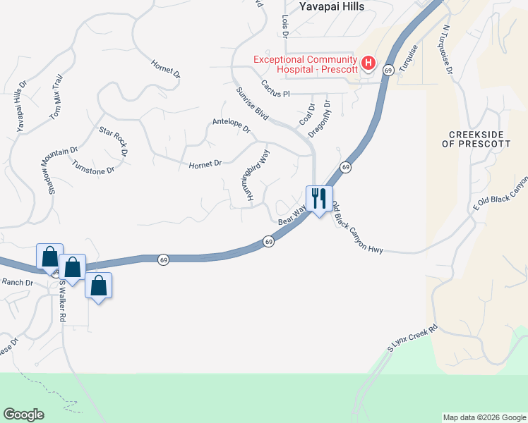 map of restaurants, bars, coffee shops, grocery stores, and more near 4961 Bear Way in Prescott