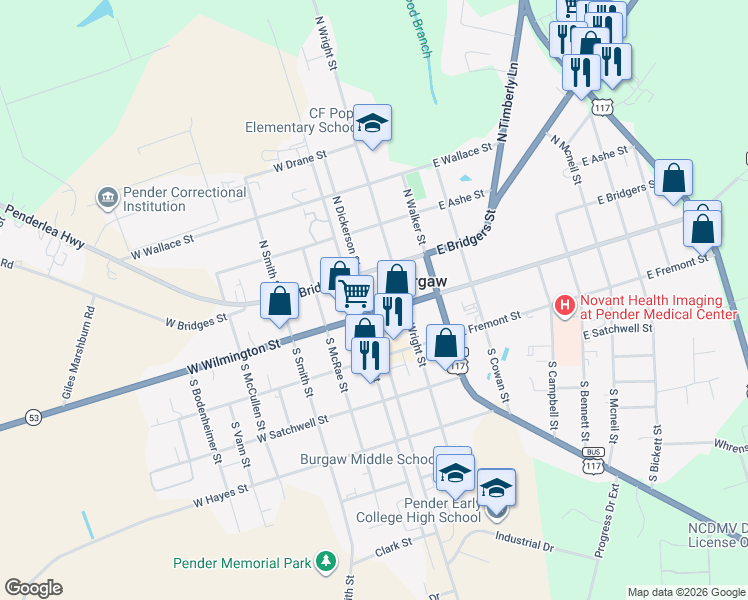 map of restaurants, bars, coffee shops, grocery stores, and more near 104 North Dickerson Street in Burgaw