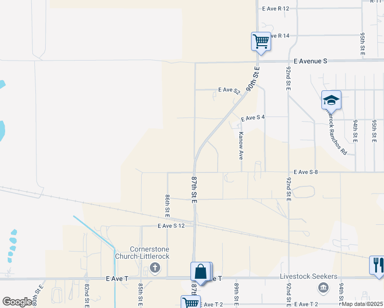 map of restaurants, bars, coffee shops, grocery stores, and more near 87th Street East in Littlerock