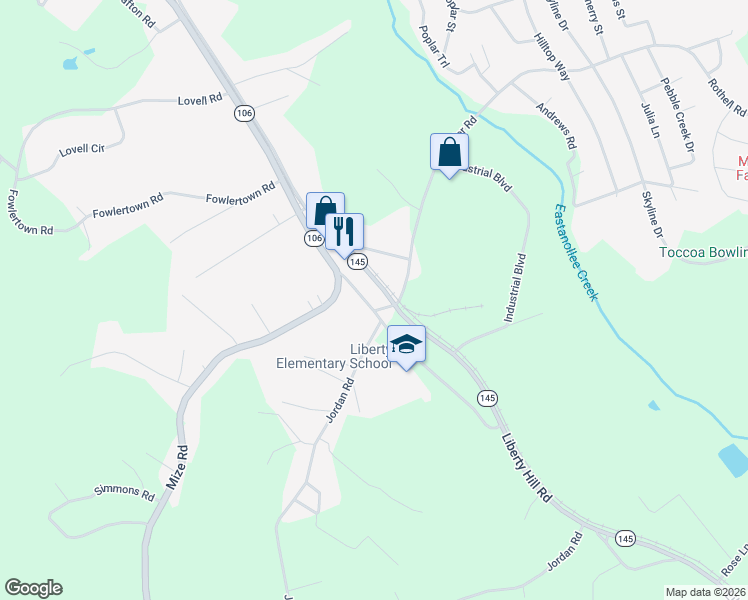map of restaurants, bars, coffee shops, grocery stores, and more near 116 Old Liberty Hill Road in Toccoa