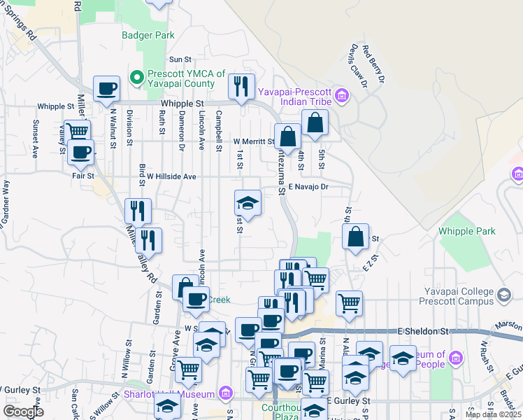 map of restaurants, bars, coffee shops, grocery stores, and more near 602 North Bagby Drive in Prescott