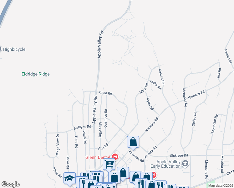 map of restaurants, bars, coffee shops, grocery stores, and more near 18032 Ohna Road in Apple Valley