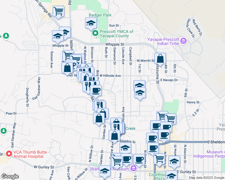 map of restaurants, bars, coffee shops, grocery stores, and more near 572 Dameron Drive in Prescott