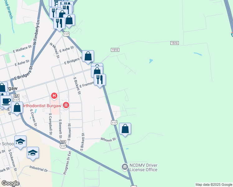 map of restaurants, bars, coffee shops, grocery stores, and more near 1111 Stanford Avenue in Burgaw