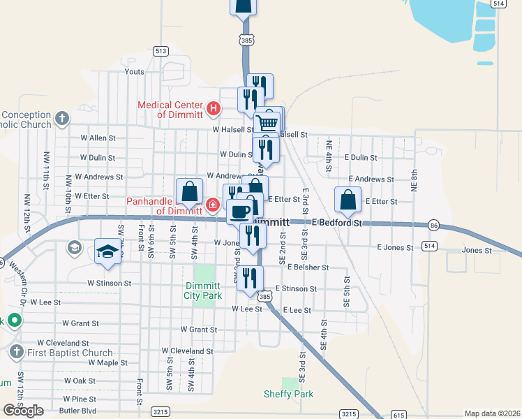 map of restaurants, bars, coffee shops, grocery stores, and more near in Dimmitt
