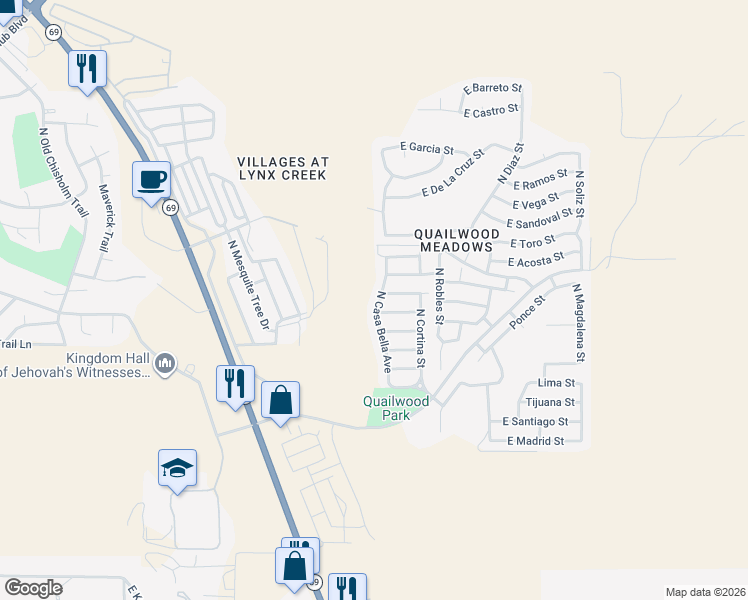 map of restaurants, bars, coffee shops, grocery stores, and more near 566 North Casa Bella Avenue in Prescott Valley