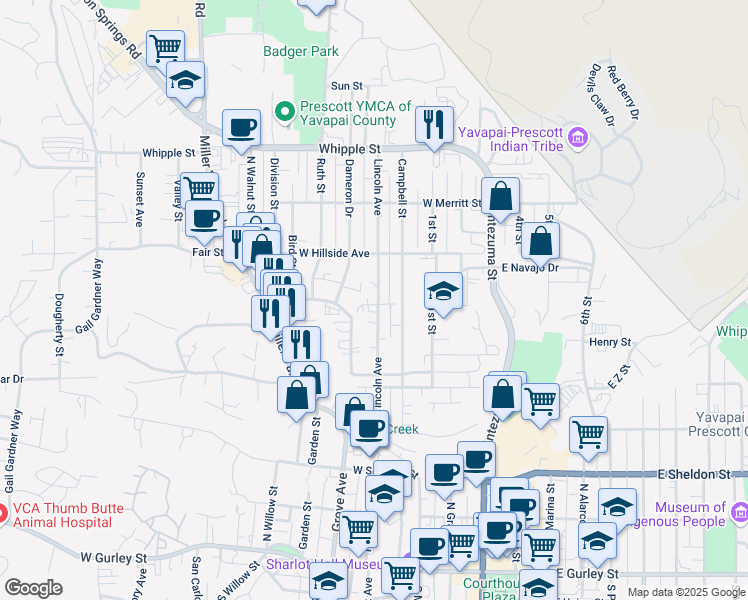 map of restaurants, bars, coffee shops, grocery stores, and more near 602 Lincoln Avenue in Prescott