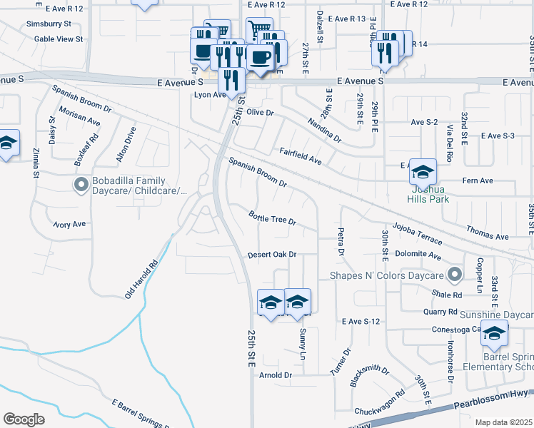map of restaurants, bars, coffee shops, grocery stores, and more near 2565 Bottle Tree Drive in Palmdale
