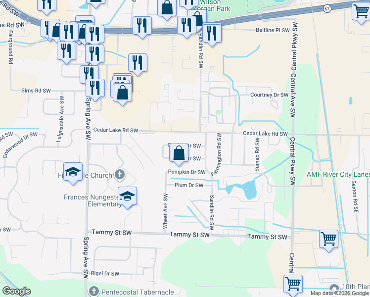 map of restaurants, bars, coffee shops, grocery stores, and more near 604 Blaine Drive Southwest in Decatur