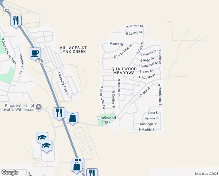 map of restaurants, bars, coffee shops, grocery stores, and more near 12693 East Brumoso Street in Prescott Valley
