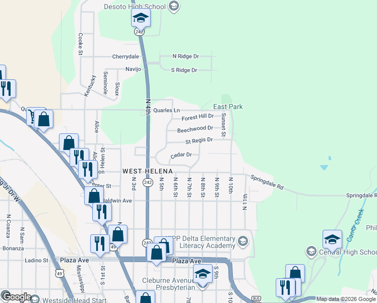 map of restaurants, bars, coffee shops, grocery stores, and more near 533 Roseland Drive in Helena-West Helena