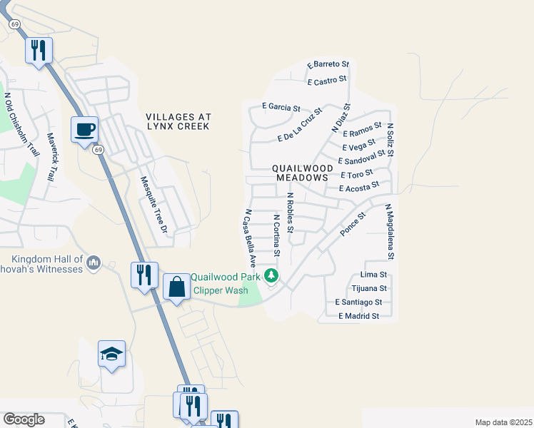 map of restaurants, bars, coffee shops, grocery stores, and more near 12689 East Viento Street in Prescott Valley