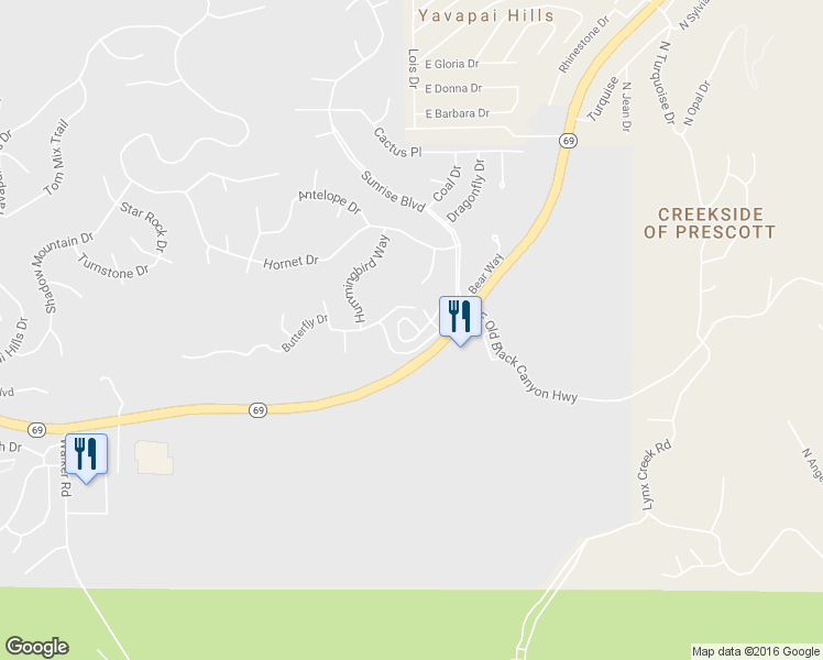 map of restaurants, bars, coffee shops, grocery stores, and more near 4968 Summit Circle in Prescott