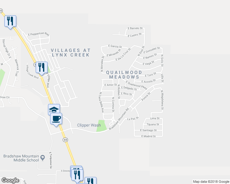 map of restaurants, bars, coffee shops, grocery stores, and more near 623 North Cortina Street in Prescott Valley