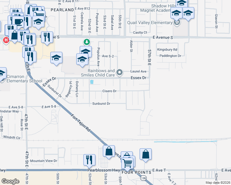 map of restaurants, bars, coffee shops, grocery stores, and more near 36836 Meadowview Court in Palmdale