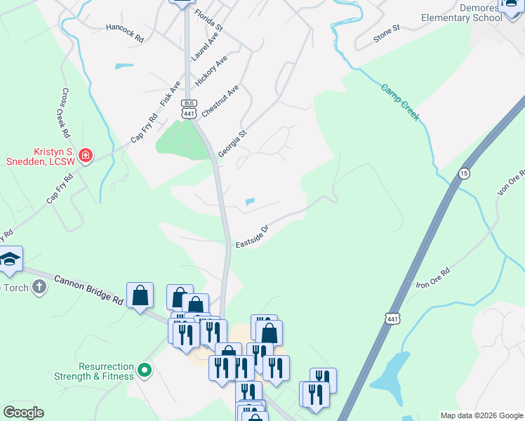 map of restaurants, bars, coffee shops, grocery stores, and more near 501 Hyde Park Lane in Demorest