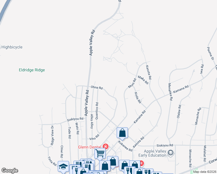 map of restaurants, bars, coffee shops, grocery stores, and more near 18032 Ohna Road in Apple Valley