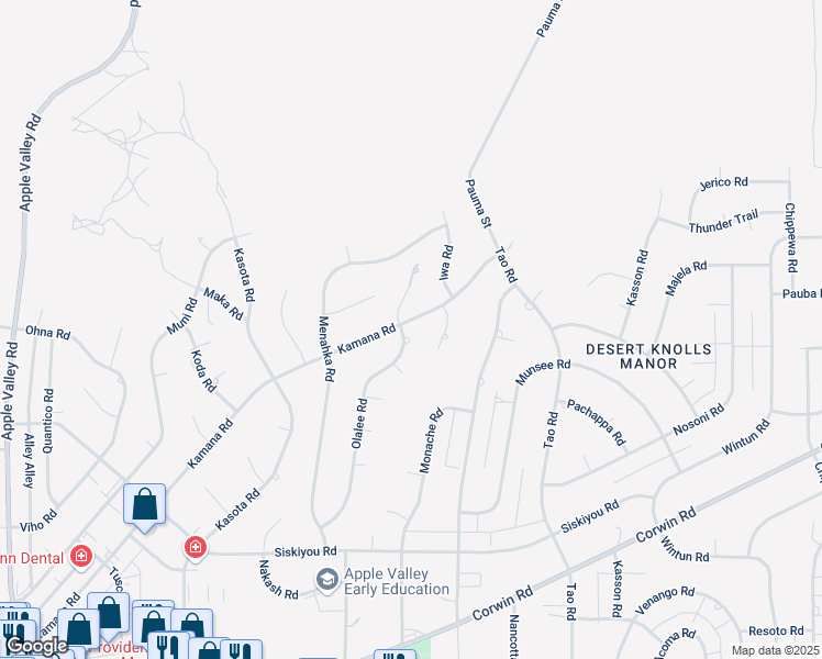 map of restaurants, bars, coffee shops, grocery stores, and more near 18611 Kamana Road in Apple Valley