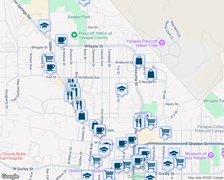 map of restaurants, bars, coffee shops, grocery stores, and more near 569 Campbell Street in Prescott