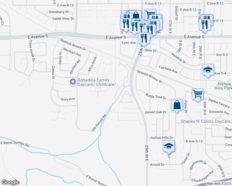 map of restaurants, bars, coffee shops, grocery stores, and more near 2311 Old Harold Road in Palmdale