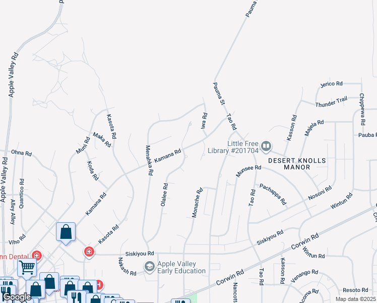 map of restaurants, bars, coffee shops, grocery stores, and more near 18611 Kamana Road in Apple Valley