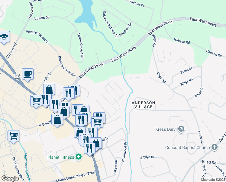 map of restaurants, bars, coffee shops, grocery stores, and more near 1025 Edenbrooke Circle in Anderson