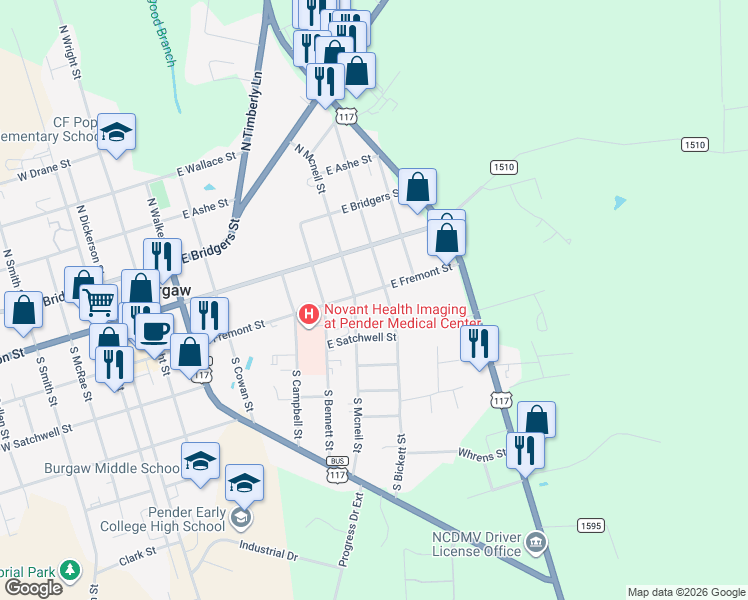 map of restaurants, bars, coffee shops, grocery stores, and more near 707 East Fremont Street in Burgaw