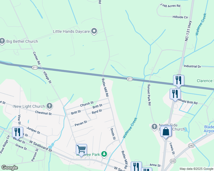 map of restaurants, bars, coffee shops, grocery stores, and more near 1205 Butler Mill Road in Bladenboro