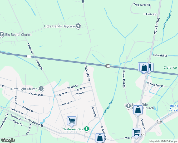 map of restaurants, bars, coffee shops, grocery stores, and more near 1205 Butler Mill Road in Bladenboro