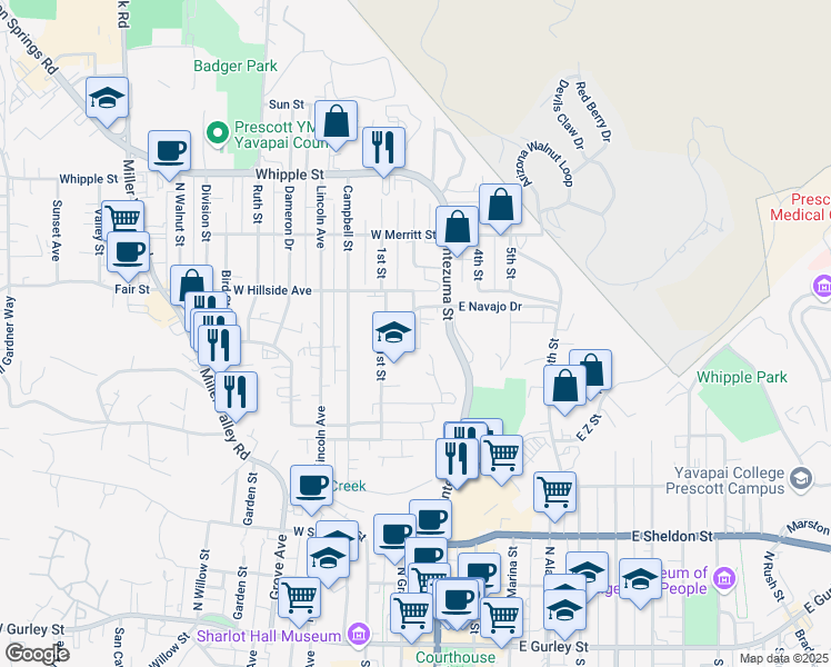 map of restaurants, bars, coffee shops, grocery stores, and more near 202 West Navajo Drive in Prescott
