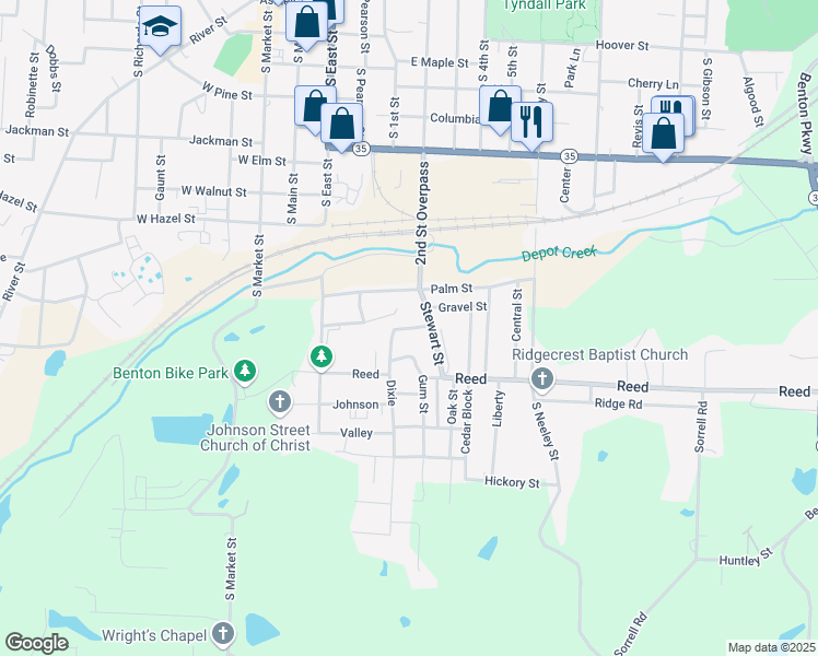 map of restaurants, bars, coffee shops, grocery stores, and more near 401 Hill Street in Benton