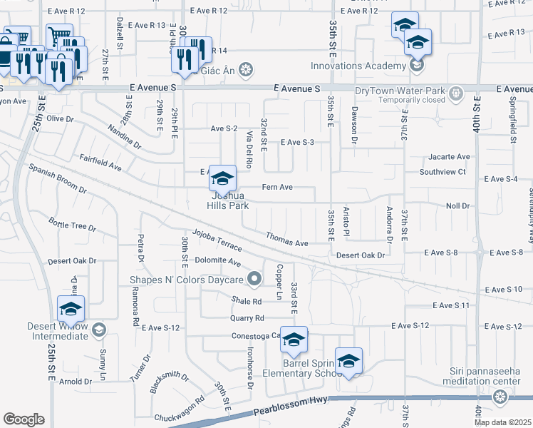 map of restaurants, bars, coffee shops, grocery stores, and more near 36851 Justin Court in Palmdale
